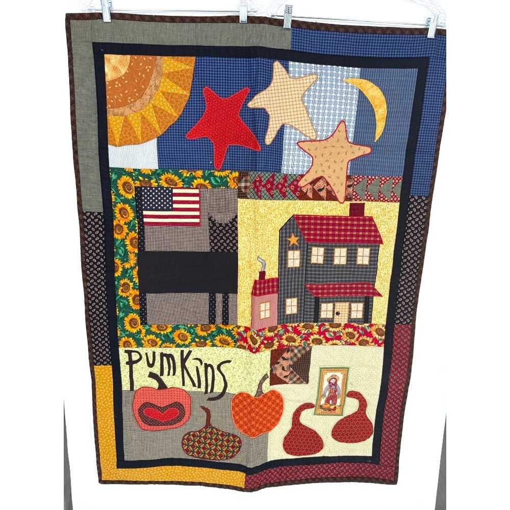 Handmade Quilt With Country‎ House & Pumpkins Design